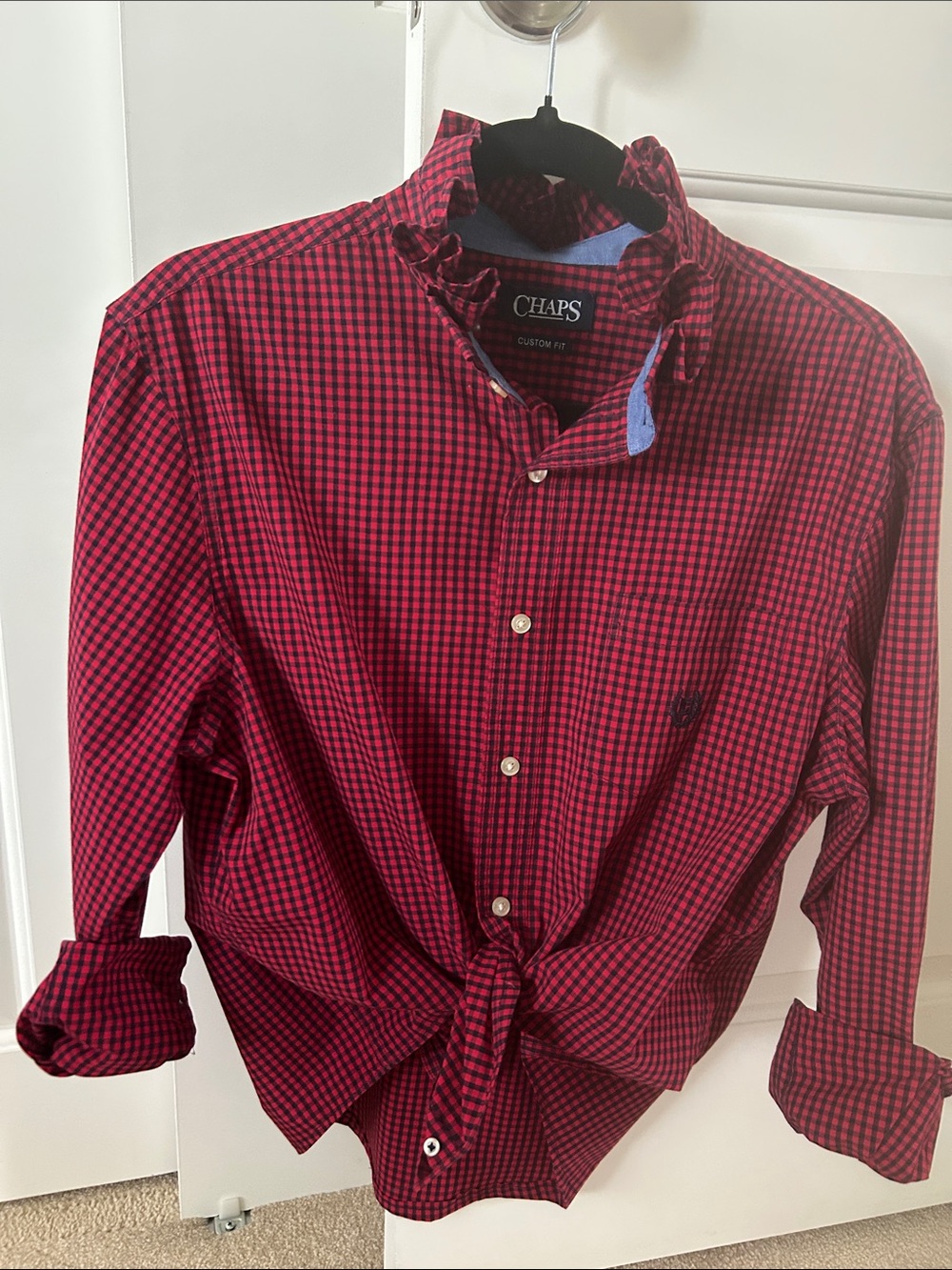Chaps Red and Navy Gingham Button-Down fitted Shirt recreated for a woman.